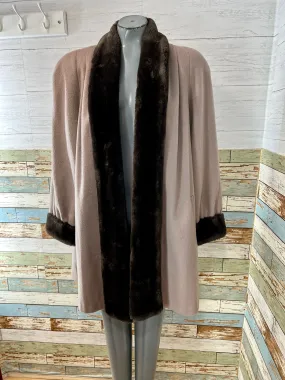 90s going 40s Open Wool Coat With Faux Leather Collar & Trim