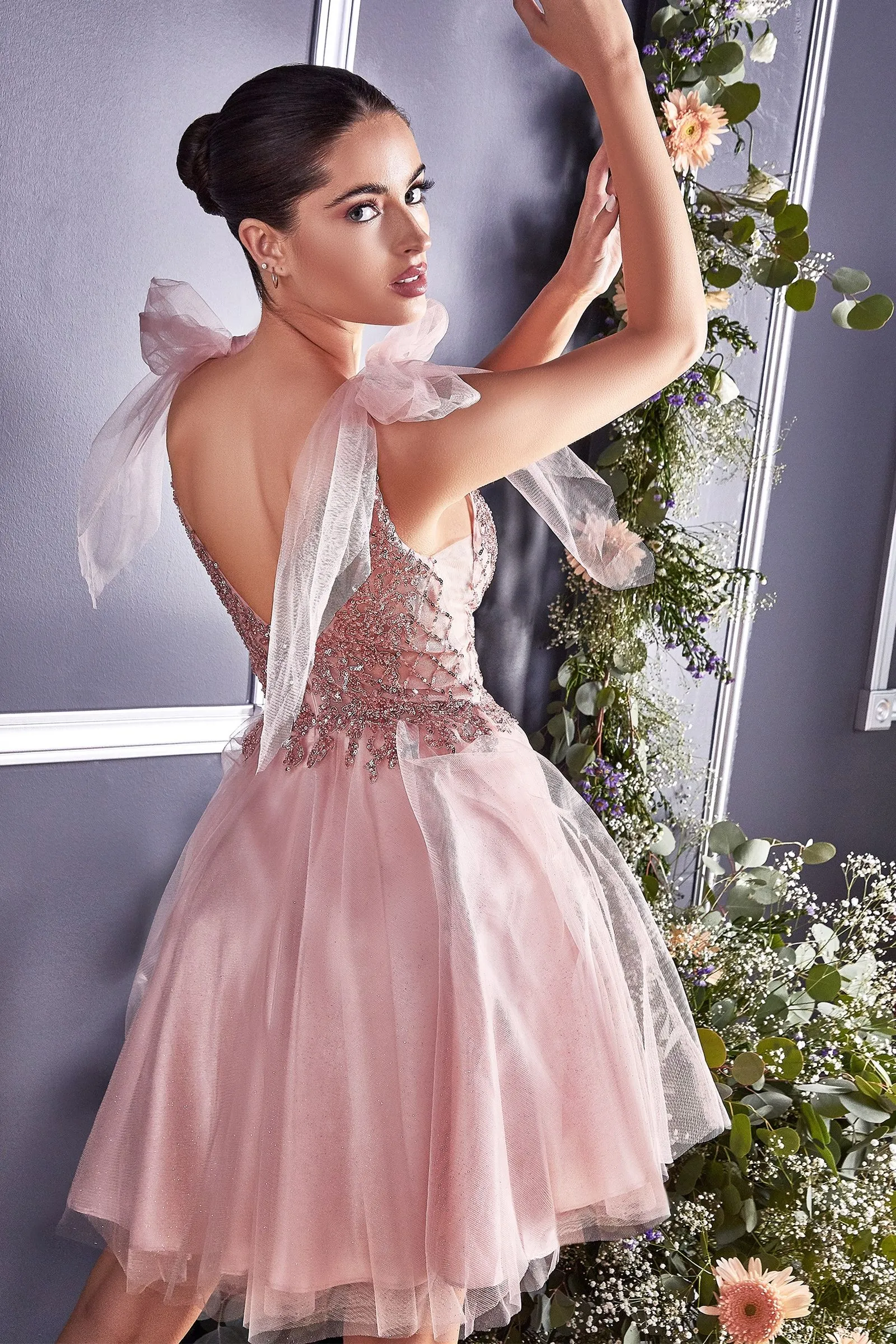 A-Line Tulle Babydoll V-Neck Embroidered Bodice Short Cocktail Dress