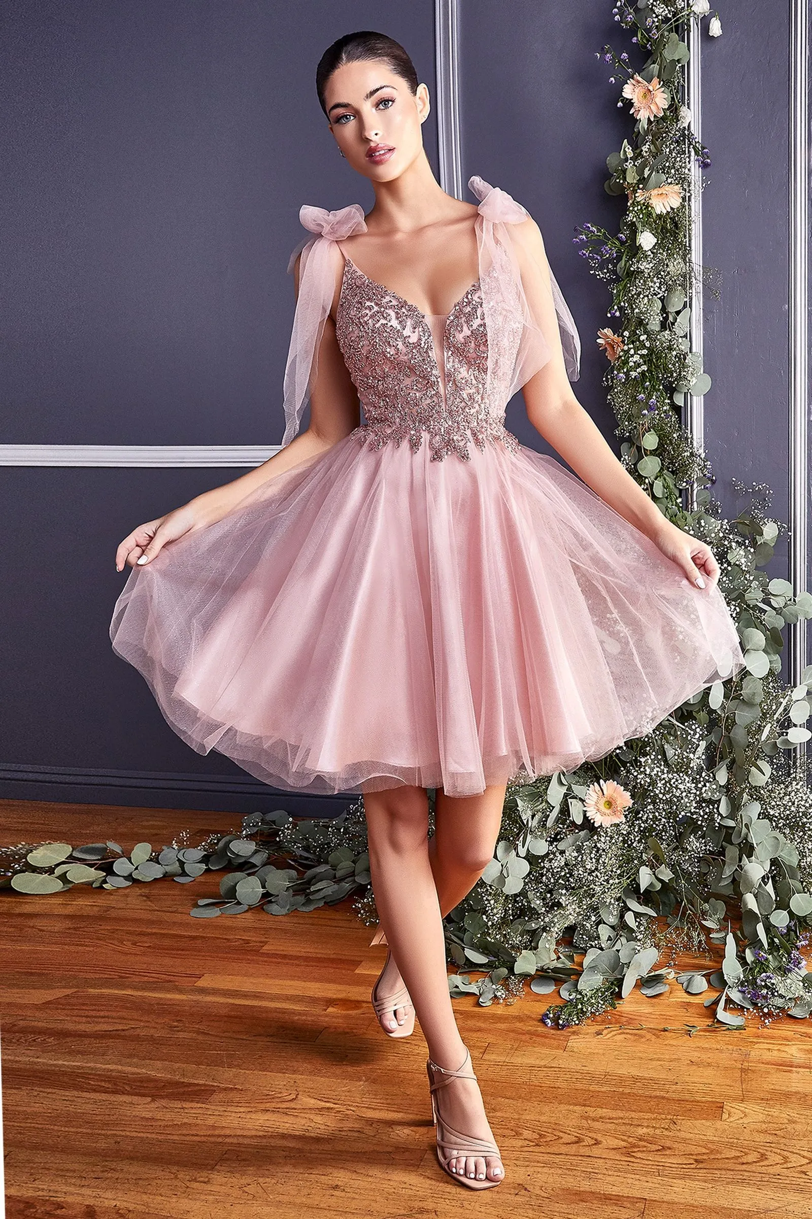 A-Line Tulle Babydoll V-Neck Embroidered Bodice Short Cocktail Dress