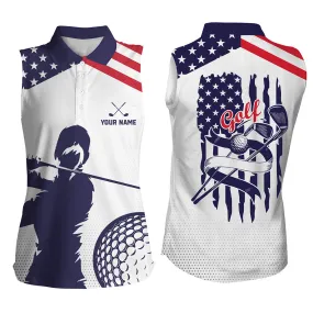 American Flag Patriot Women Sleeveless Golf Polo Shirt Custom Red White And Blue Golf Apparel