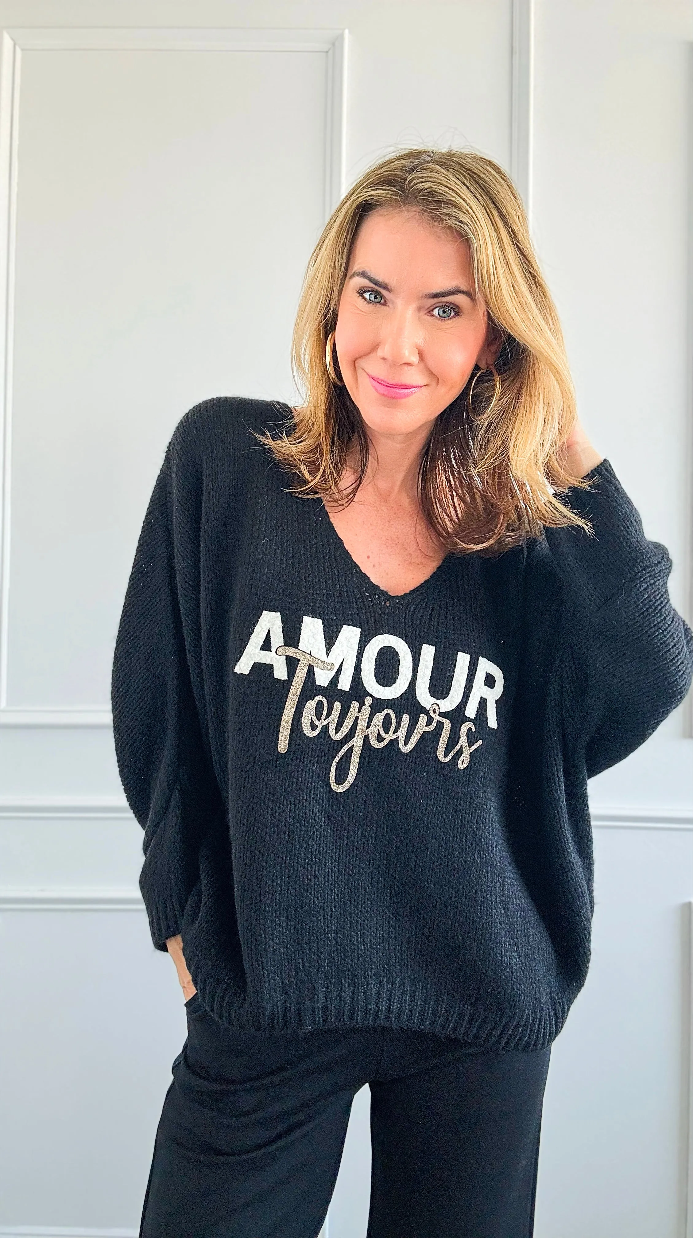 Amour Toujours V-Neck Italian Knit Sweater- Black