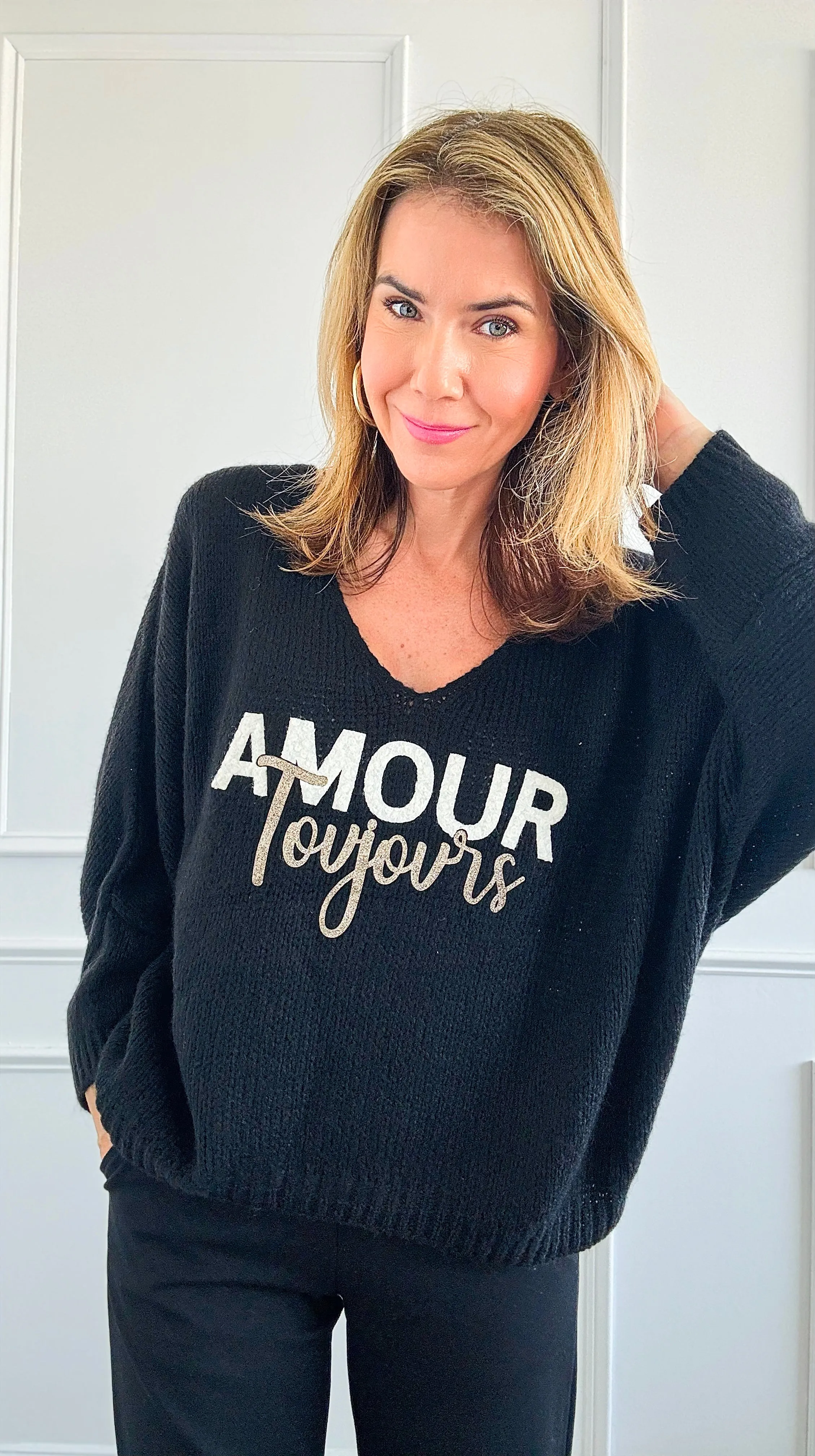 Amour Toujours V-Neck Italian Knit Sweater- Black
