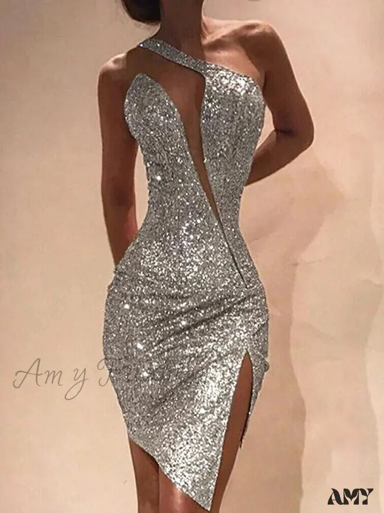 Amy Fashion - Deep V-Neck Sequined Backless Slit Mini Dress