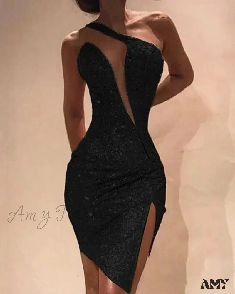 Amy Fashion - Deep V-Neck Sequined Backless Slit Mini Dress