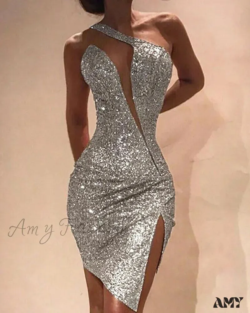Amy Fashion - Deep V-Neck Sequined Backless Slit Mini Dress