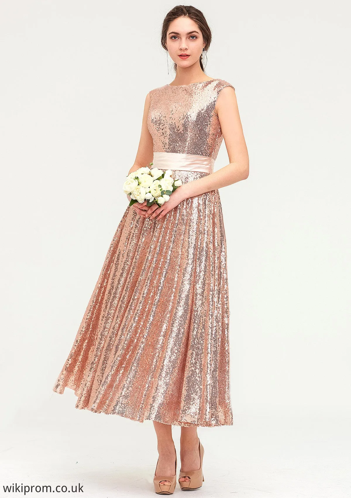 Bateau Sleeveless Tea-Length Sequined A-line/Princess Bridesmaid Dresses With Sashes Cloe SWKP0025474