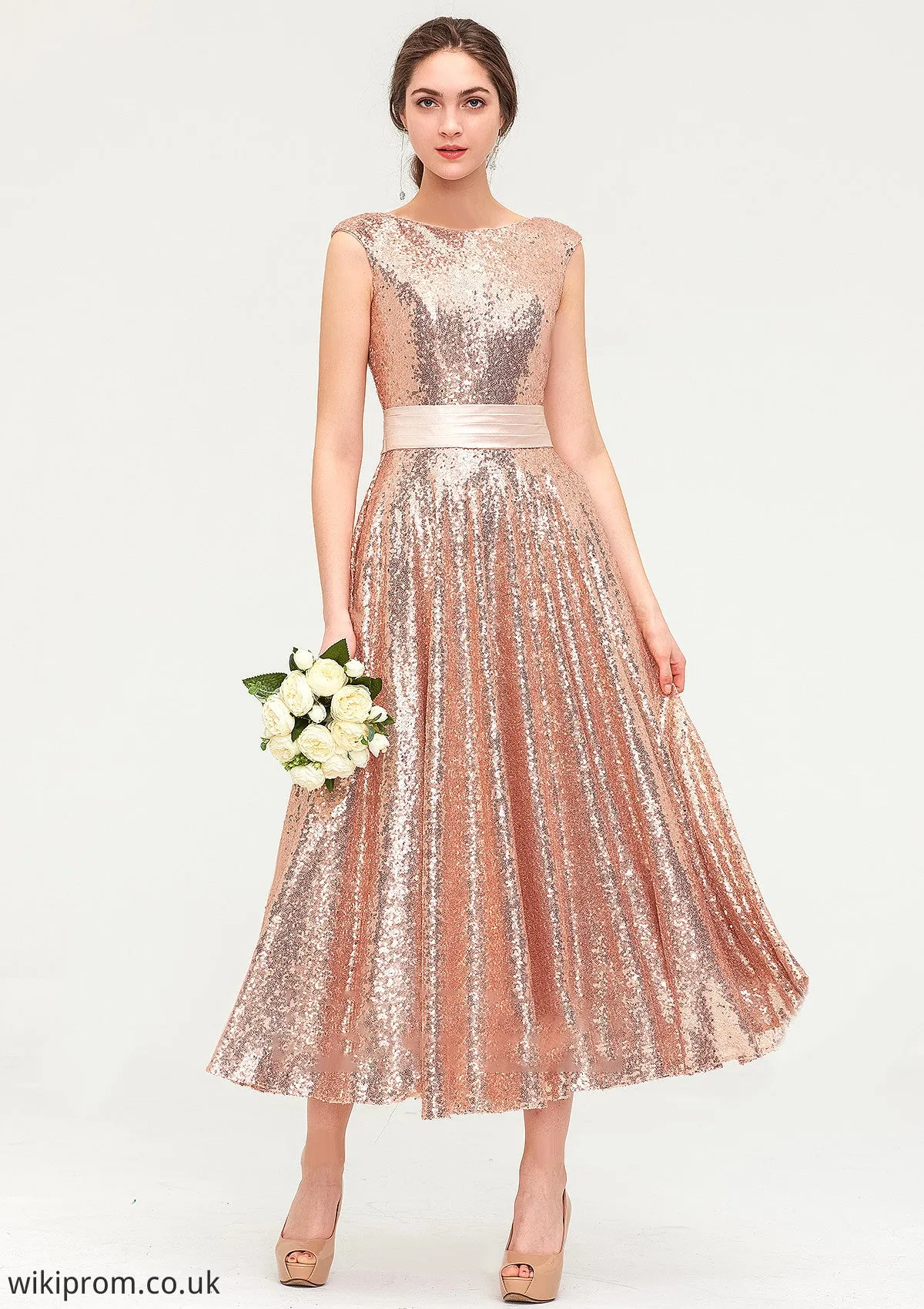 Bateau Sleeveless Tea-Length Sequined A-line/Princess Bridesmaid Dresses With Sashes Cloe SWKP0025474