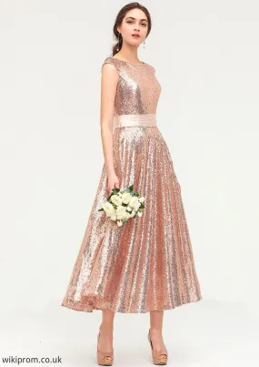 Bateau Sleeveless Tea-Length Sequined A-line/Princess Bridesmaid Dresses With Sashes Cloe SWKP0025474