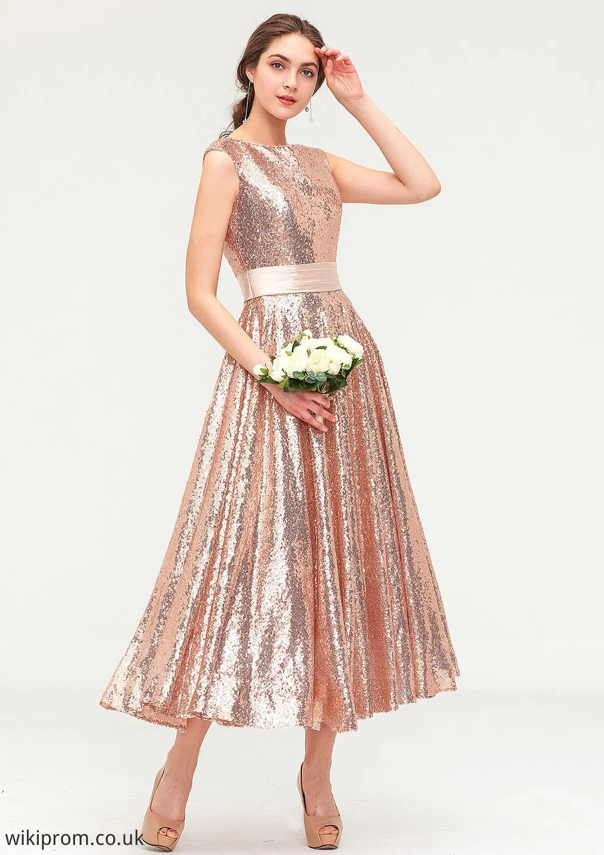 Bateau Sleeveless Tea-Length Sequined A-line/Princess Bridesmaid Dresses With Sashes Cloe SWKP0025474