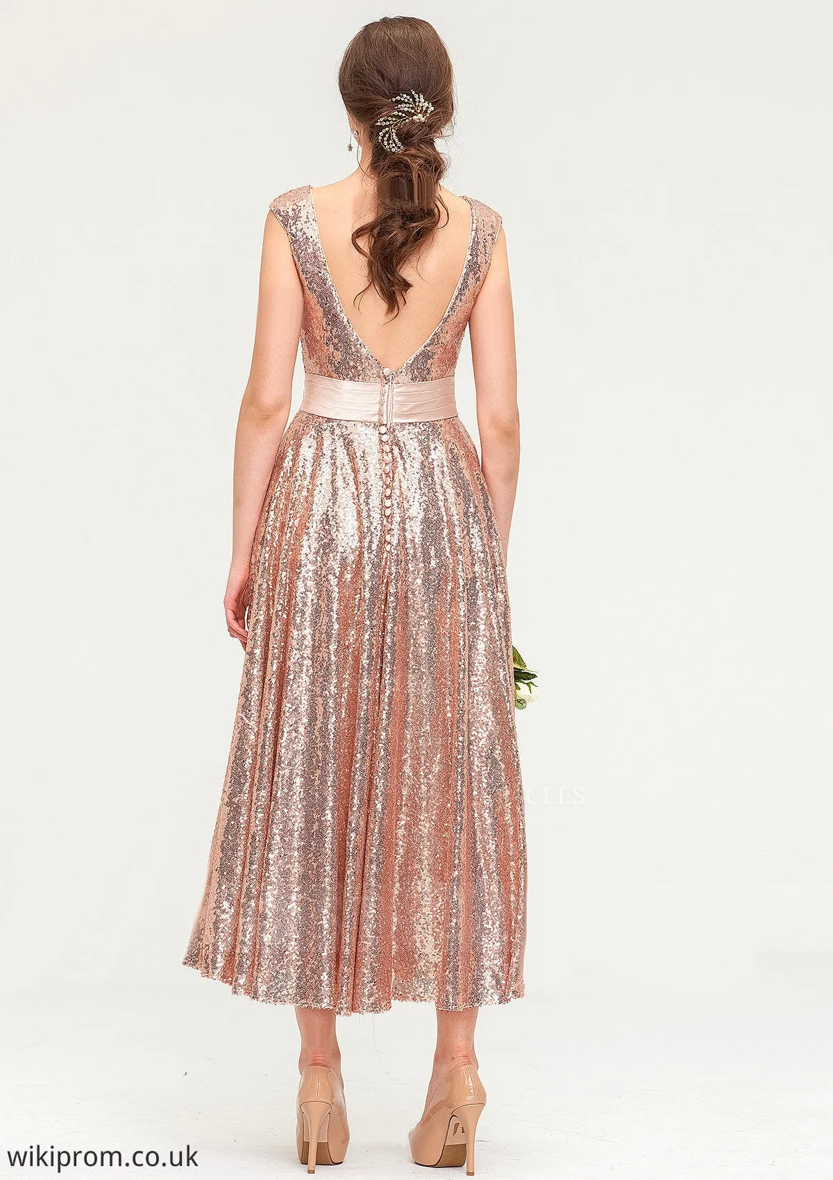 Bateau Sleeveless Tea-Length Sequined A-line/Princess Bridesmaid Dresses With Sashes Cloe SWKP0025474