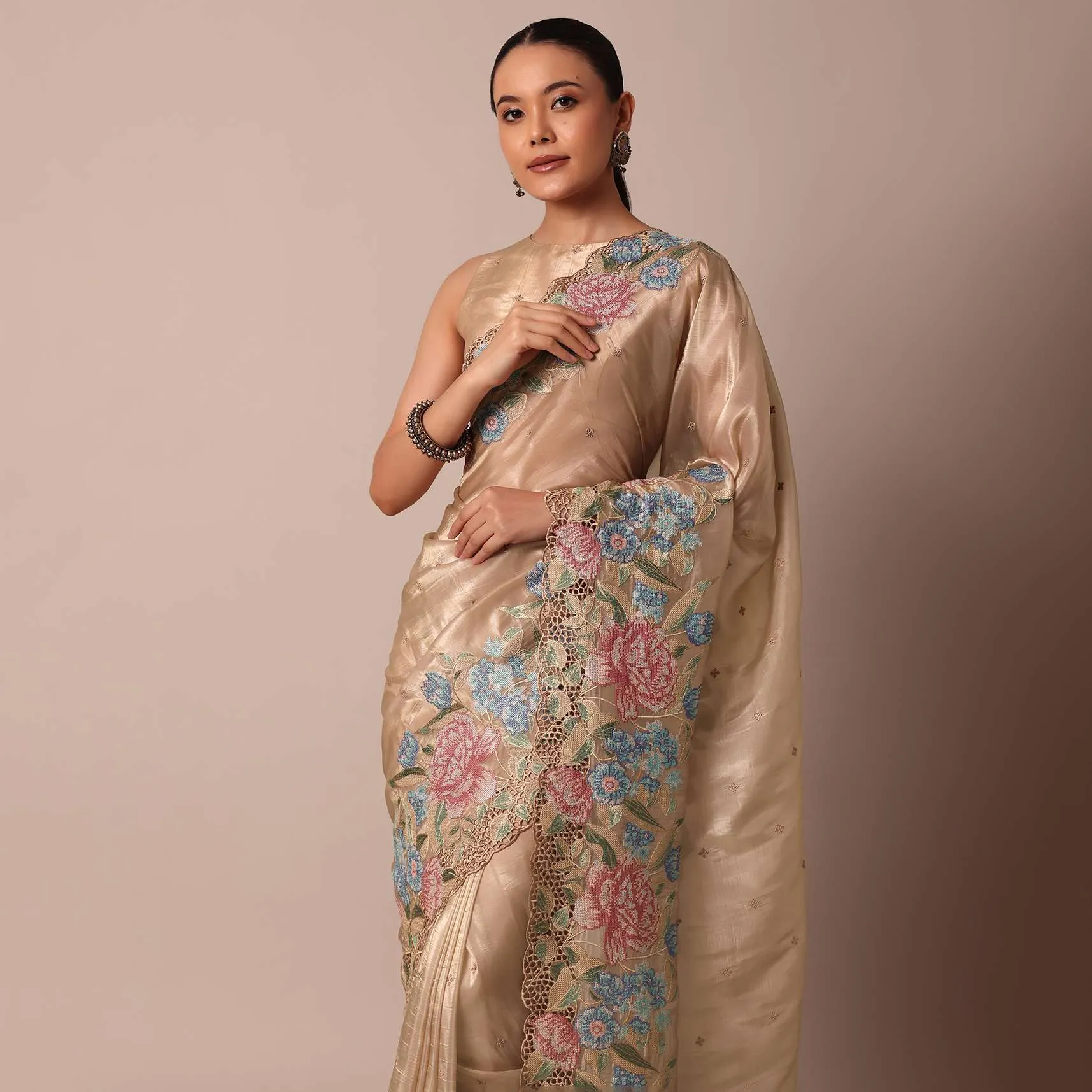 Beige Tissue Silk Saree With Resham Thread Embroidery