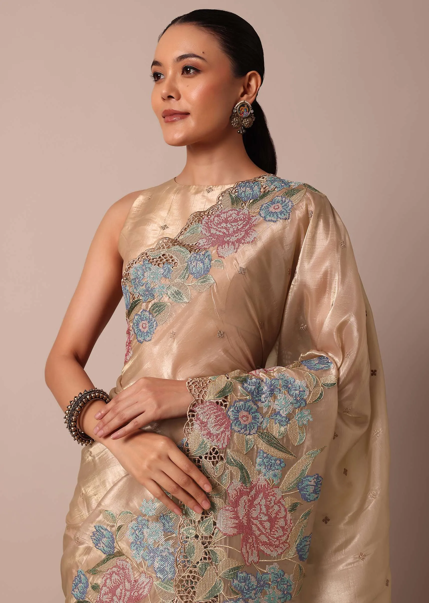Beige Tissue Silk Saree With Resham Thread Embroidery
