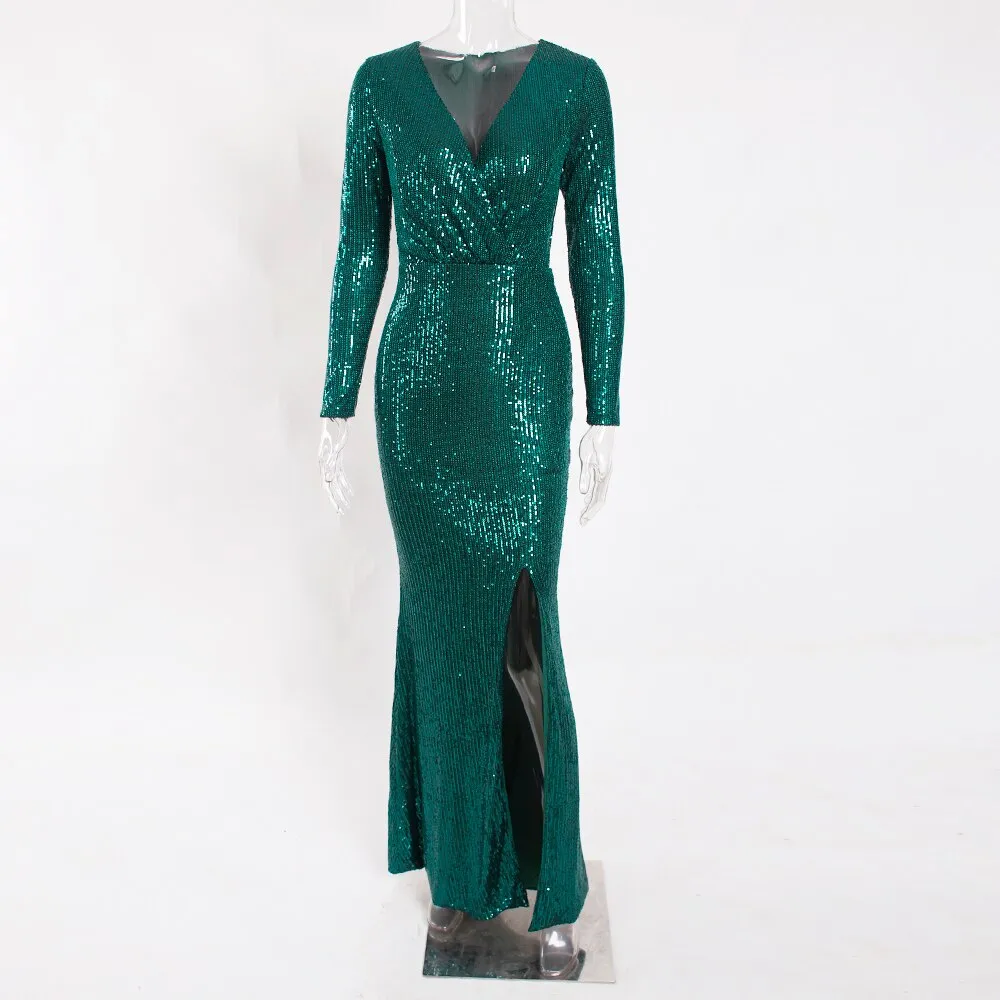 BerriesJam - Sequined Prom Low Cut Split Leg Wrapped Evening Maxi Dress