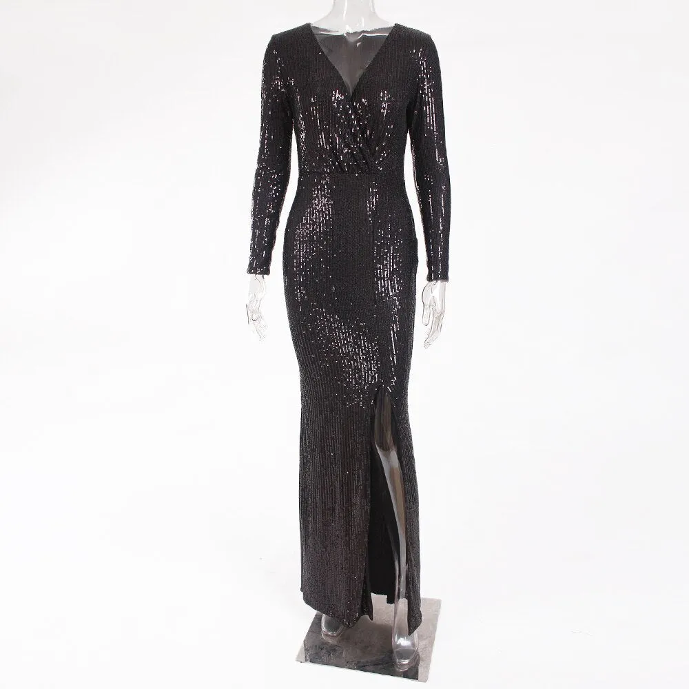 BerriesJam - Sequined Prom Low Cut Split Leg Wrapped Evening Maxi Dress