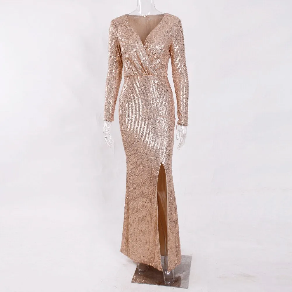 BerriesJam - Sequined Prom Low Cut Split Leg Wrapped Evening Maxi Dress