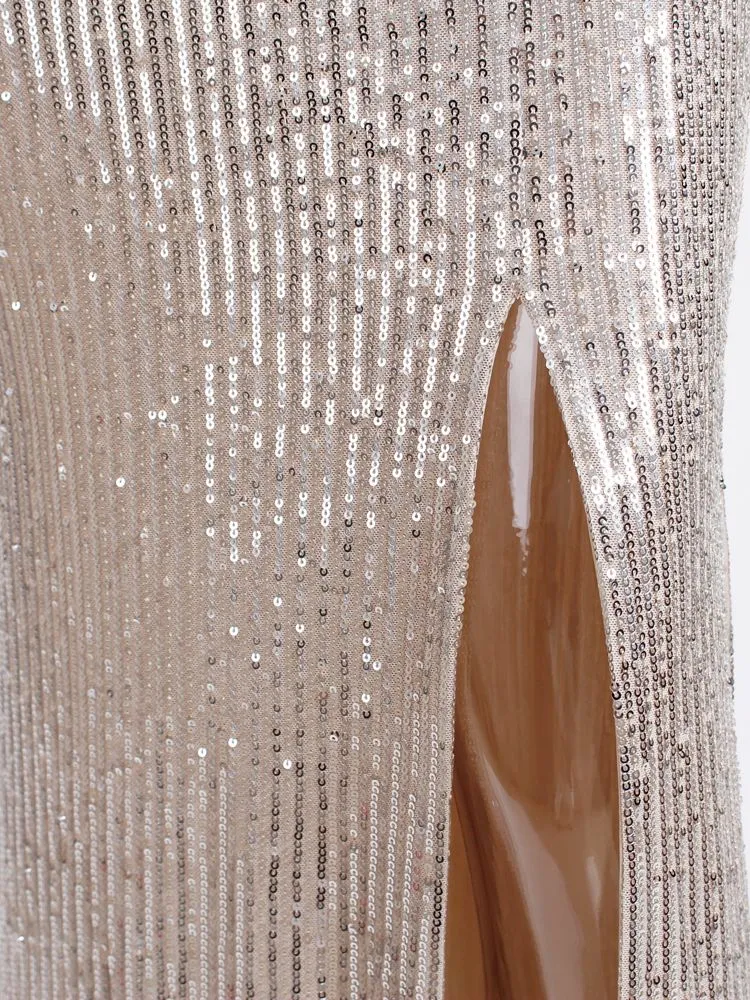 BerriesJam - Sequined Prom Low Cut Split Leg Wrapped Evening Maxi Dress