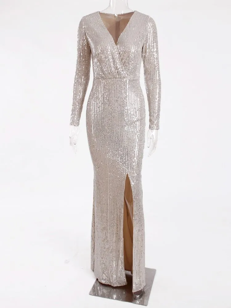 BerriesJam - Sequined Prom Low Cut Split Leg Wrapped Evening Maxi Dress