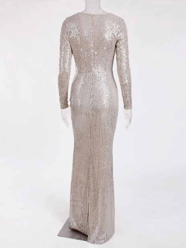 BerriesJam - Sequined Prom Low Cut Split Leg Wrapped Evening Maxi Dress