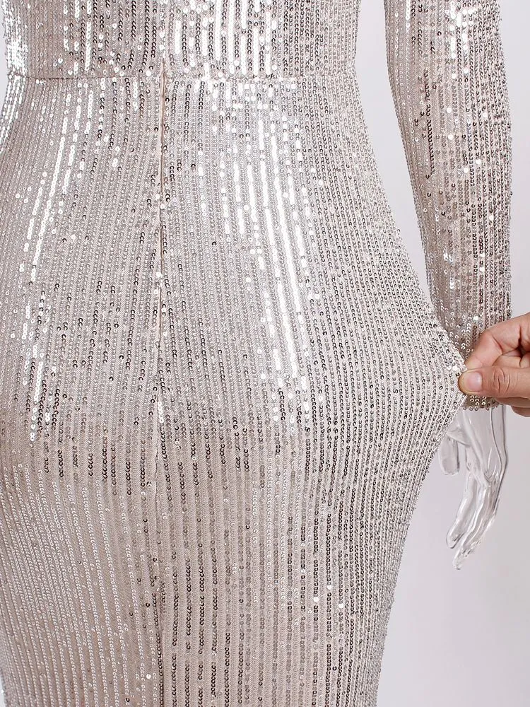BerriesJam - Sequined Prom Low Cut Split Leg Wrapped Evening Maxi Dress