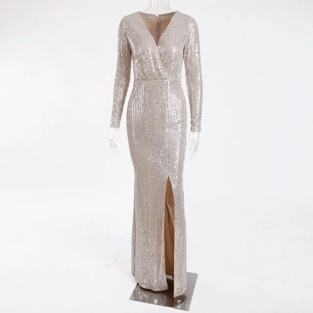 BerriesJam - Sequined Prom Low Cut Split Leg Wrapped Evening Maxi Dress