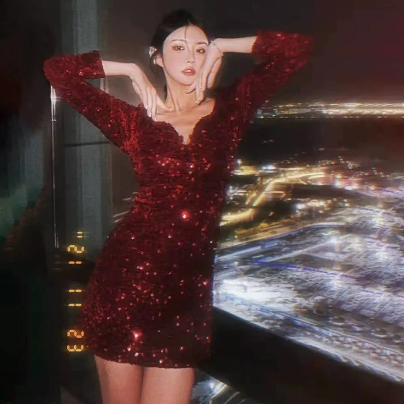 Birthday party dress luxury red sequin dress     S5828