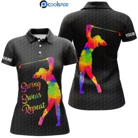 Black & white women golf polo shirt Custom name watercolor swing swear repeat, golf gifts for women