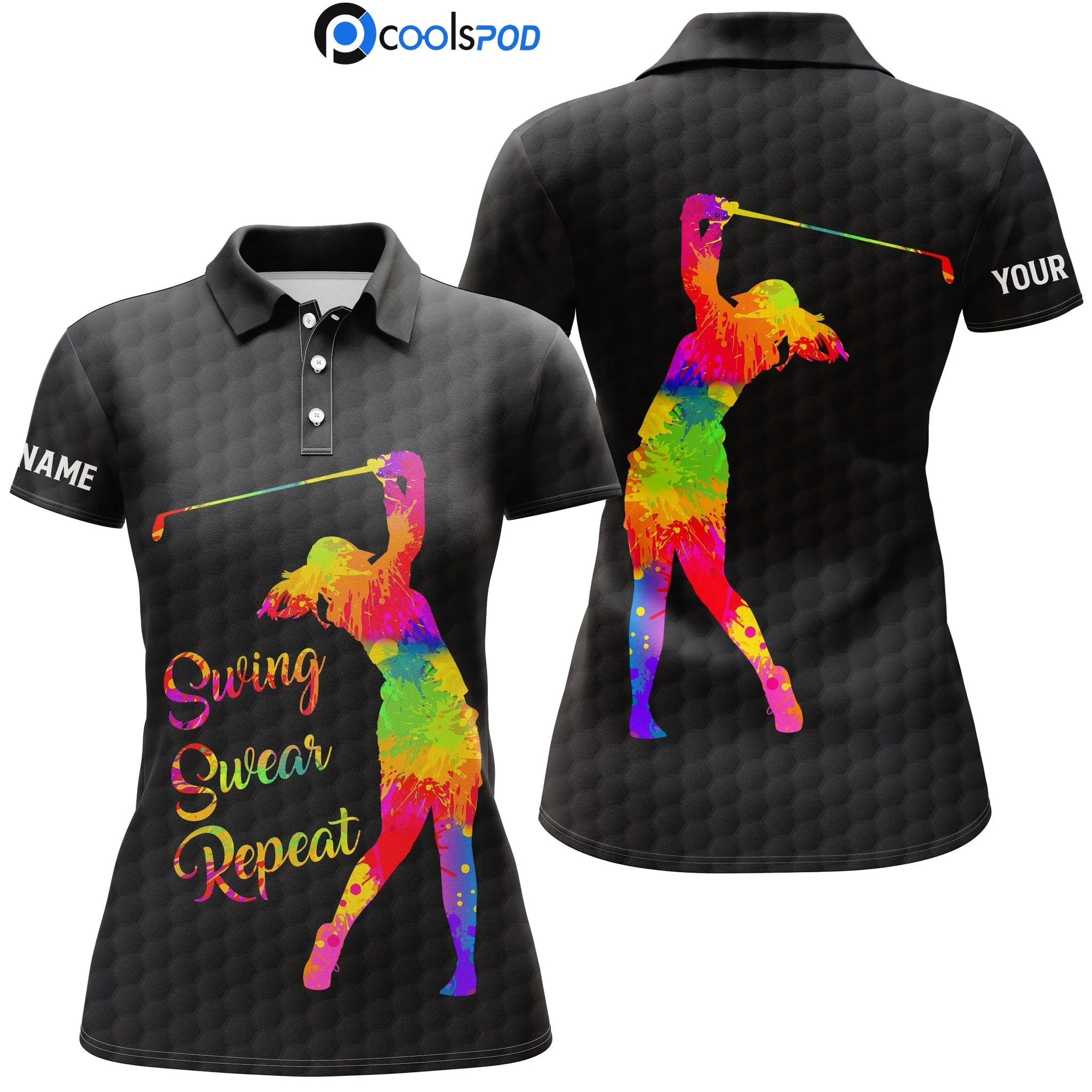 Black & white women golf polo shirt Custom name watercolor swing swear repeat, golf gifts for women