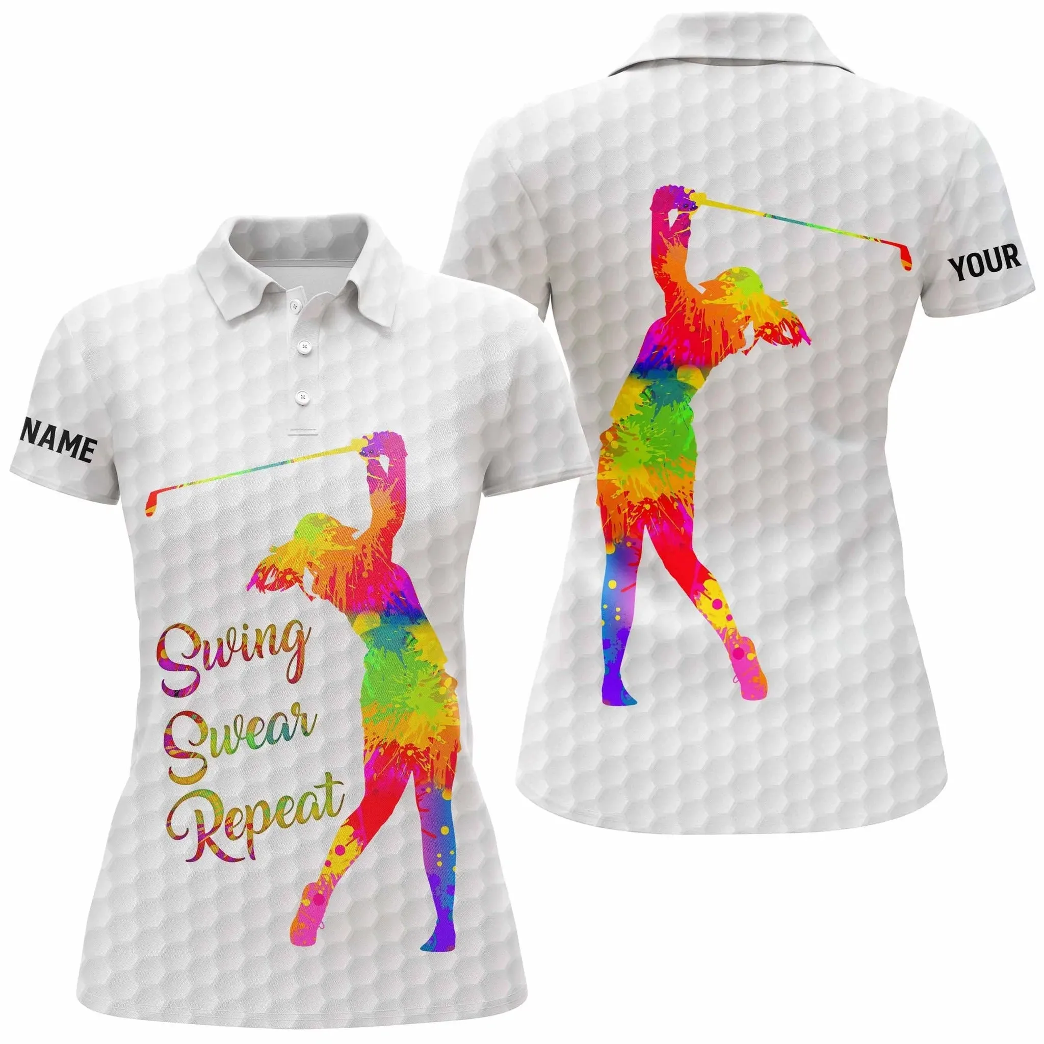 Black & white women golf polo shirt Custom name watercolor swing swear repeat, golf gifts for women