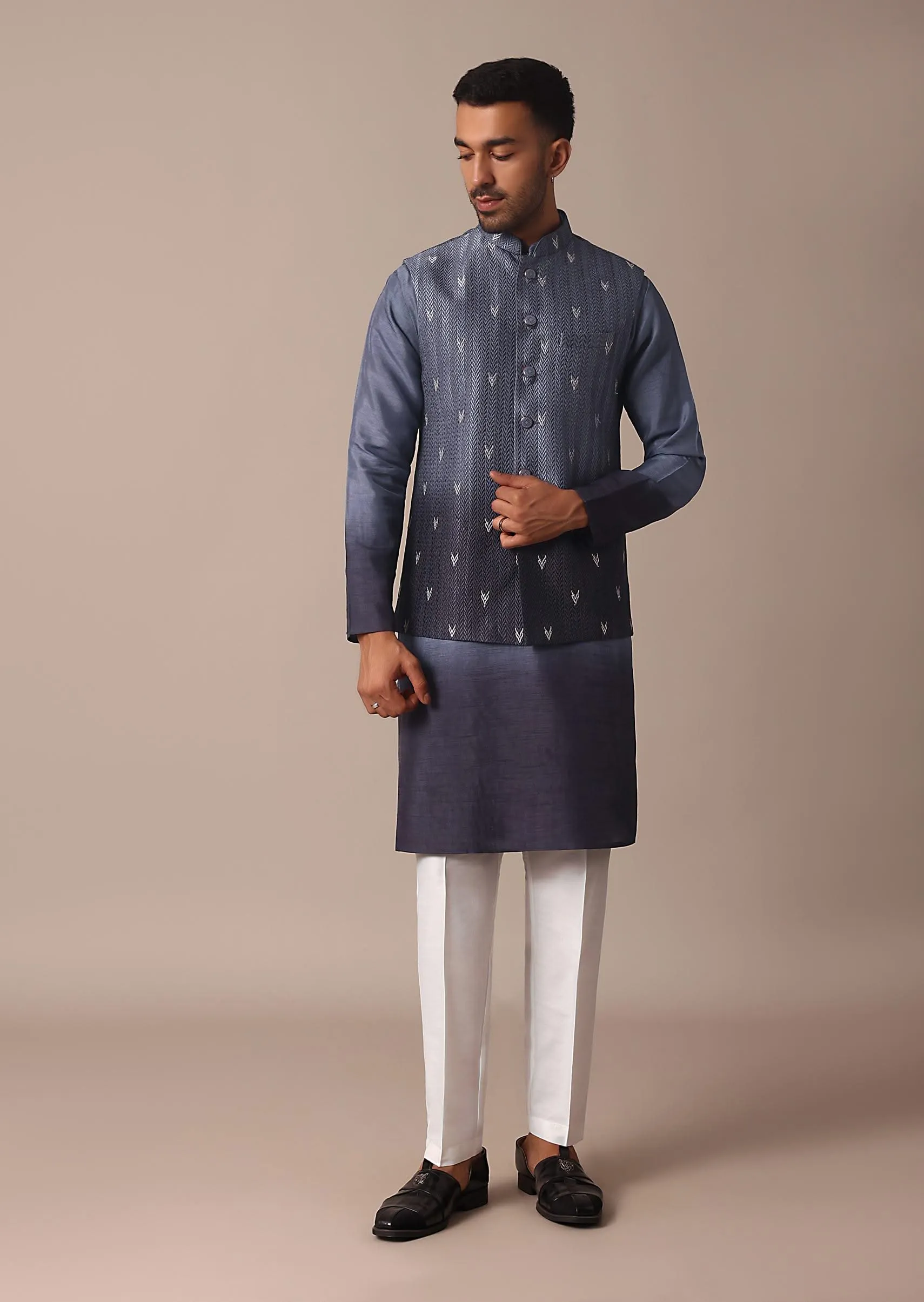 Blue Ombre Embroidered Silk Jacket Kurta Set