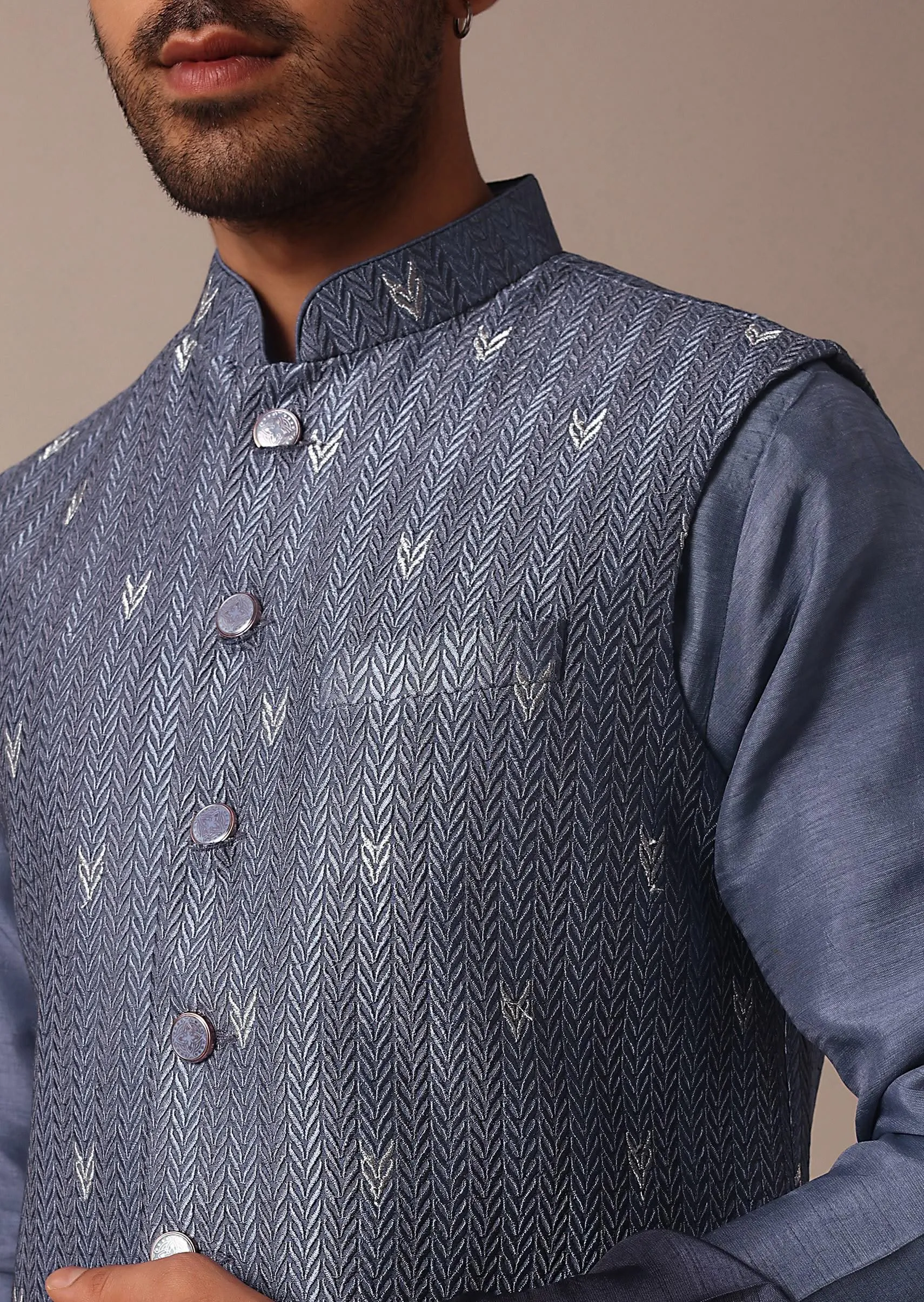 Blue Ombre Embroidered Silk Jacket Kurta Set