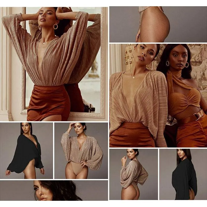 Bohemian Romper - Deep V-Neck Pleated Bodysuit