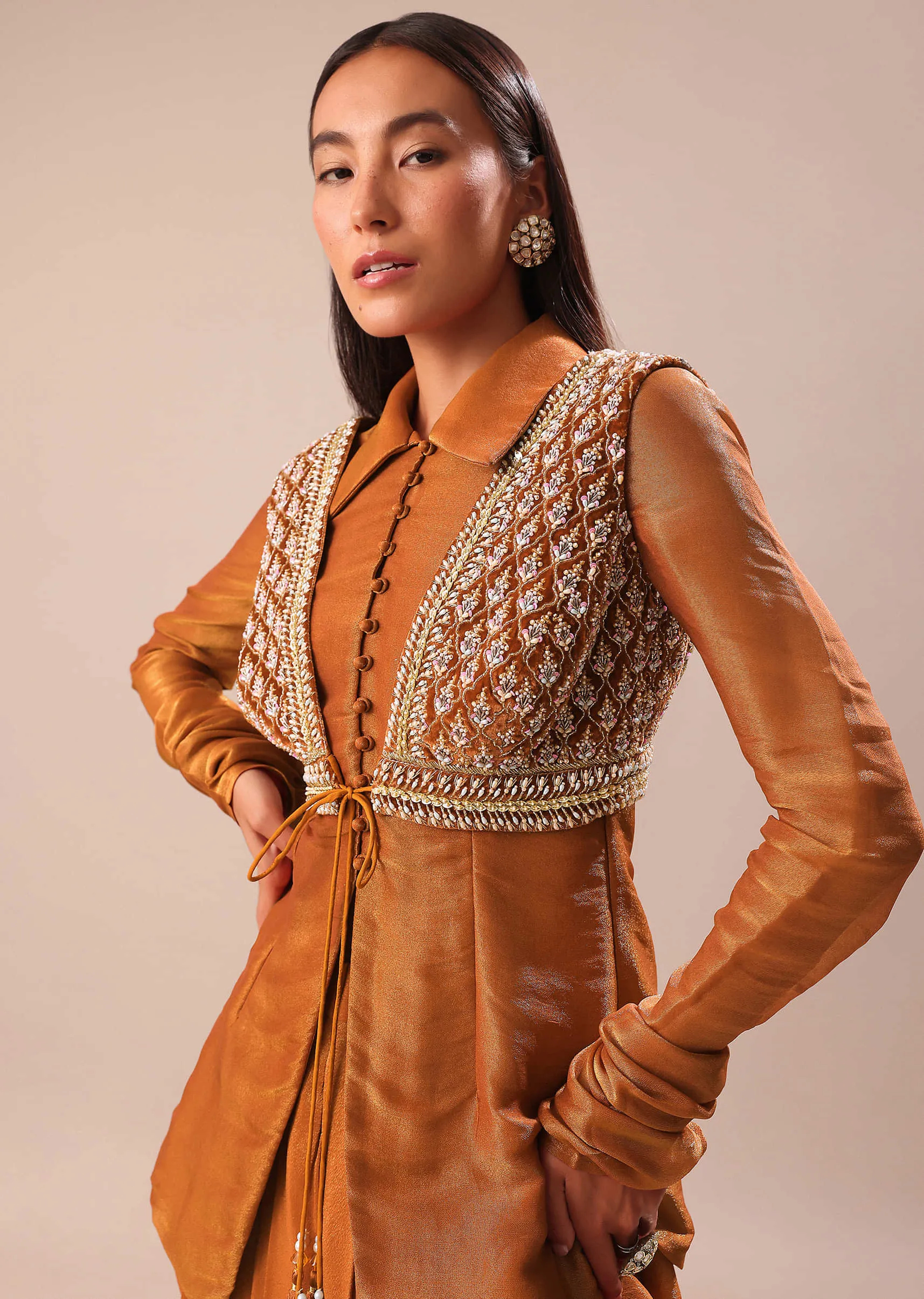 Copper Brown Kurta With Embroidered Jacket And Dhoti