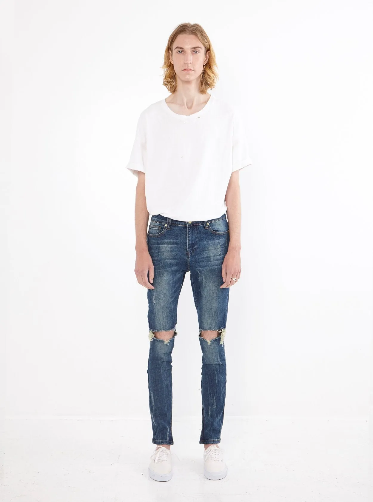 Dark Blue Washed Destroyed Denim Jeans