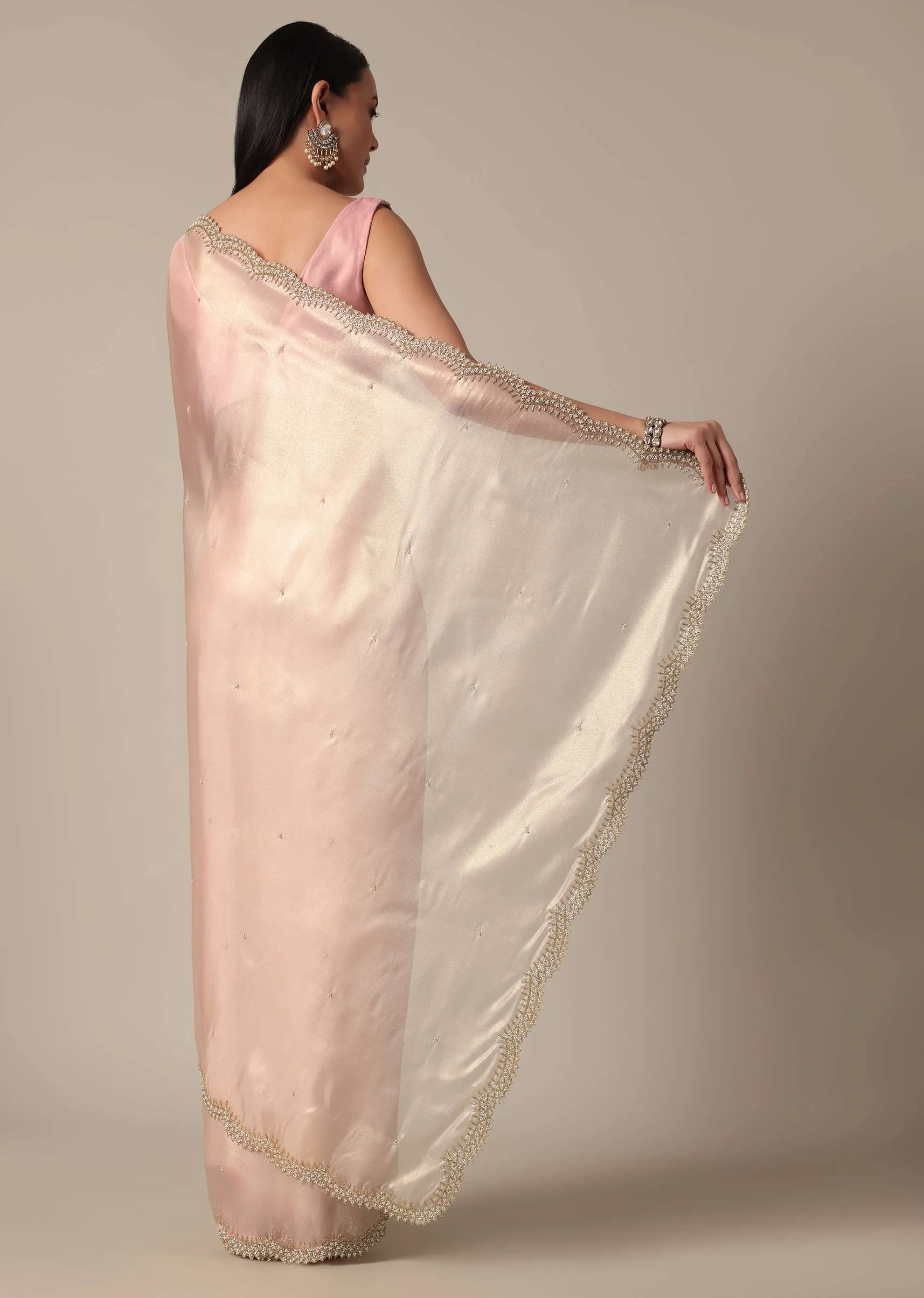 Elegant Peach Saree With Scalloped Border