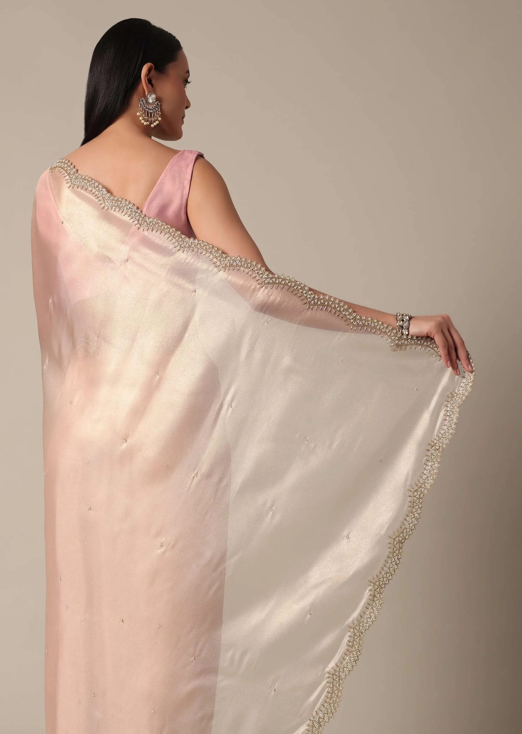 Elegant Peach Saree With Scalloped Border