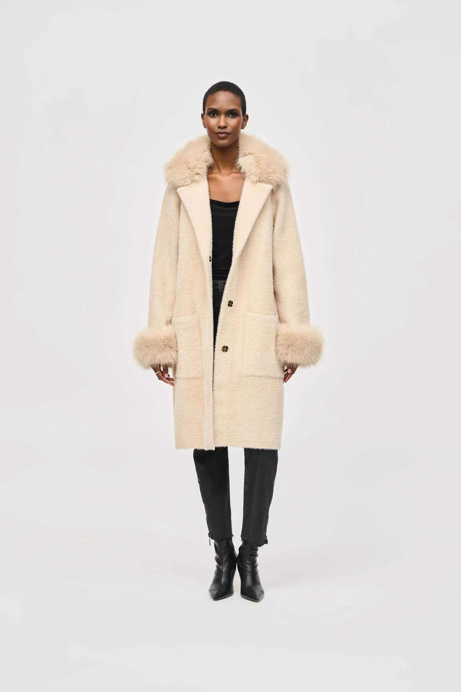 Feather Yarn And Faux Fur Sweater Coat