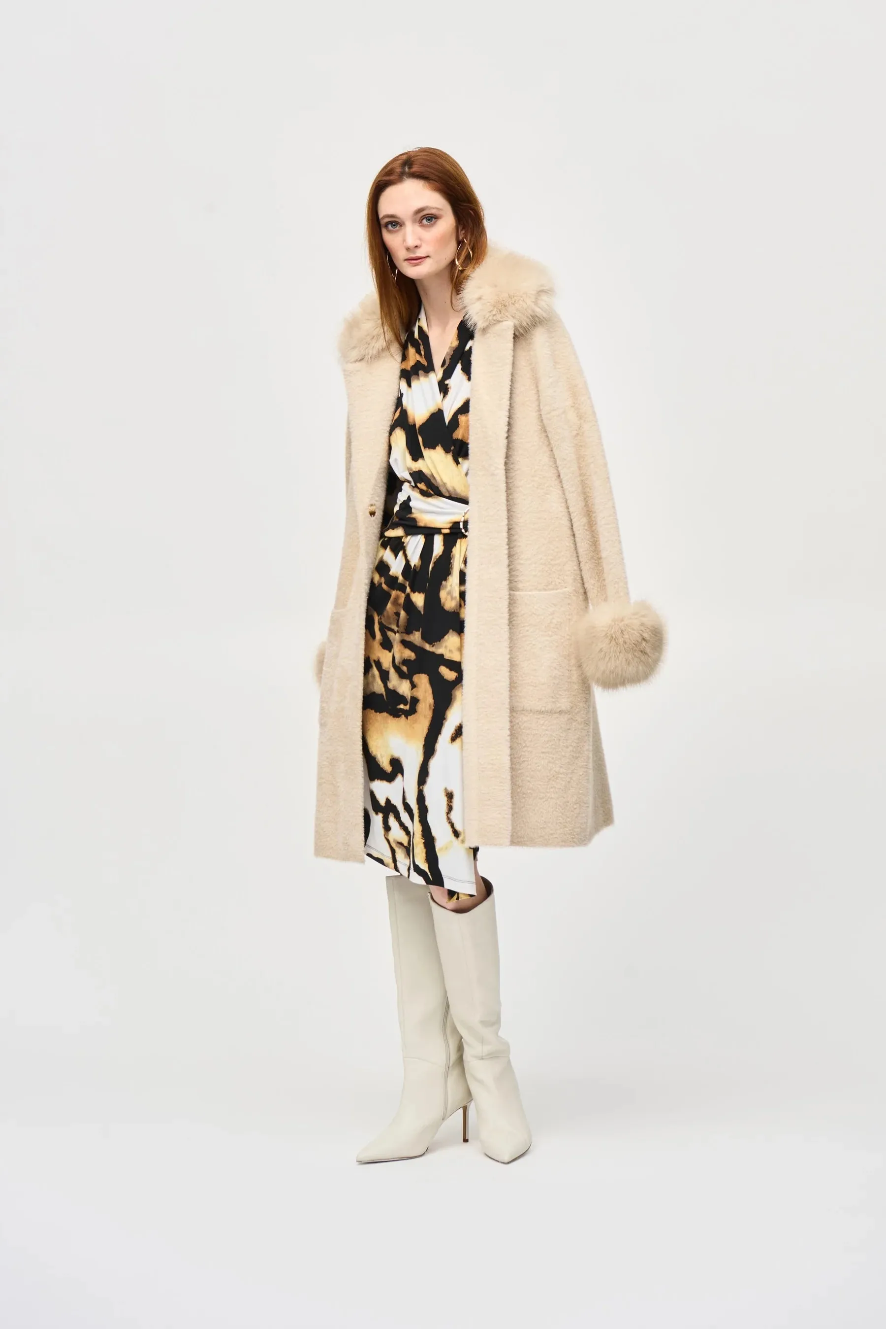 Feather Yarn And Faux Fur Sweater Coat