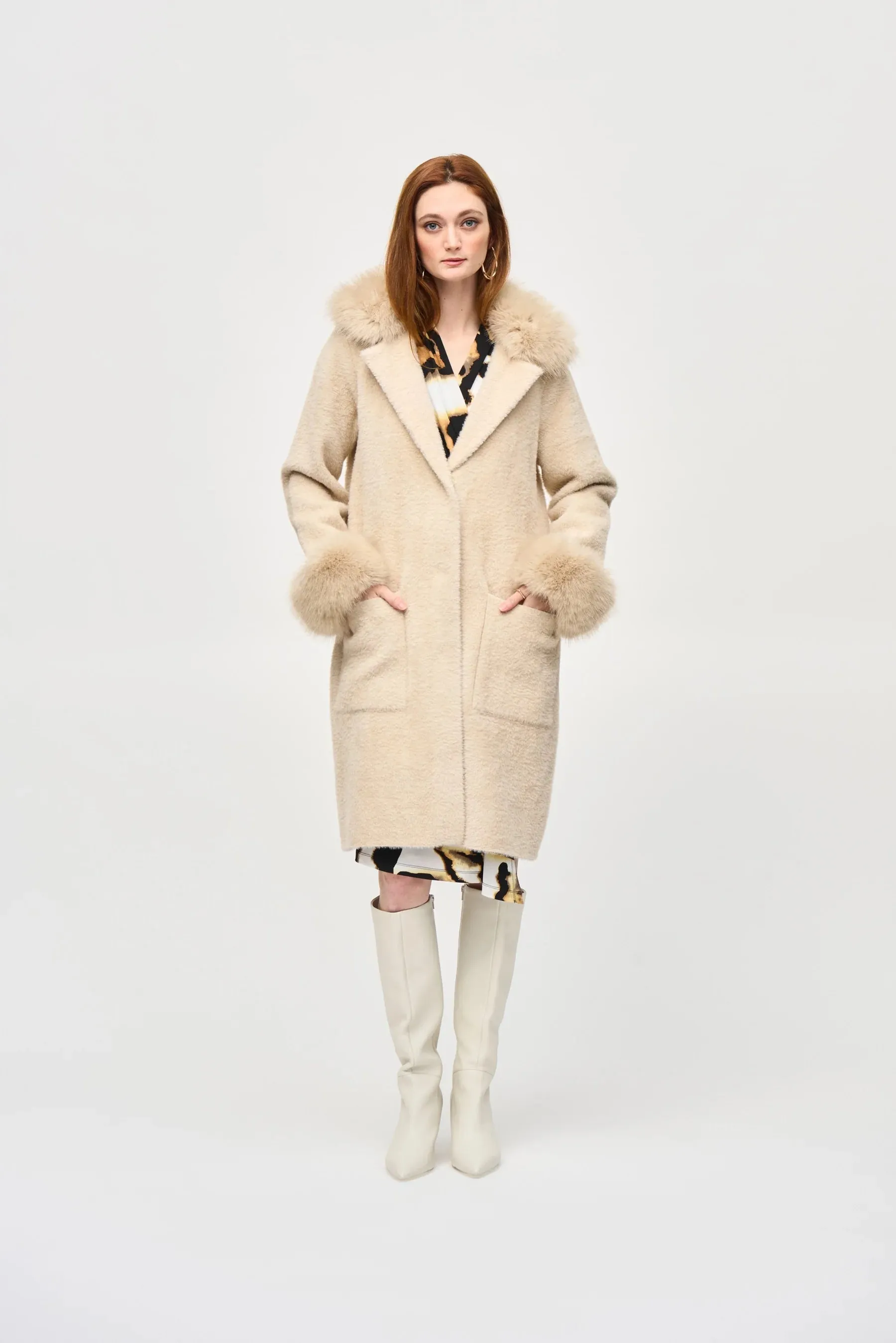 Feather Yarn And Faux Fur Sweater Coat