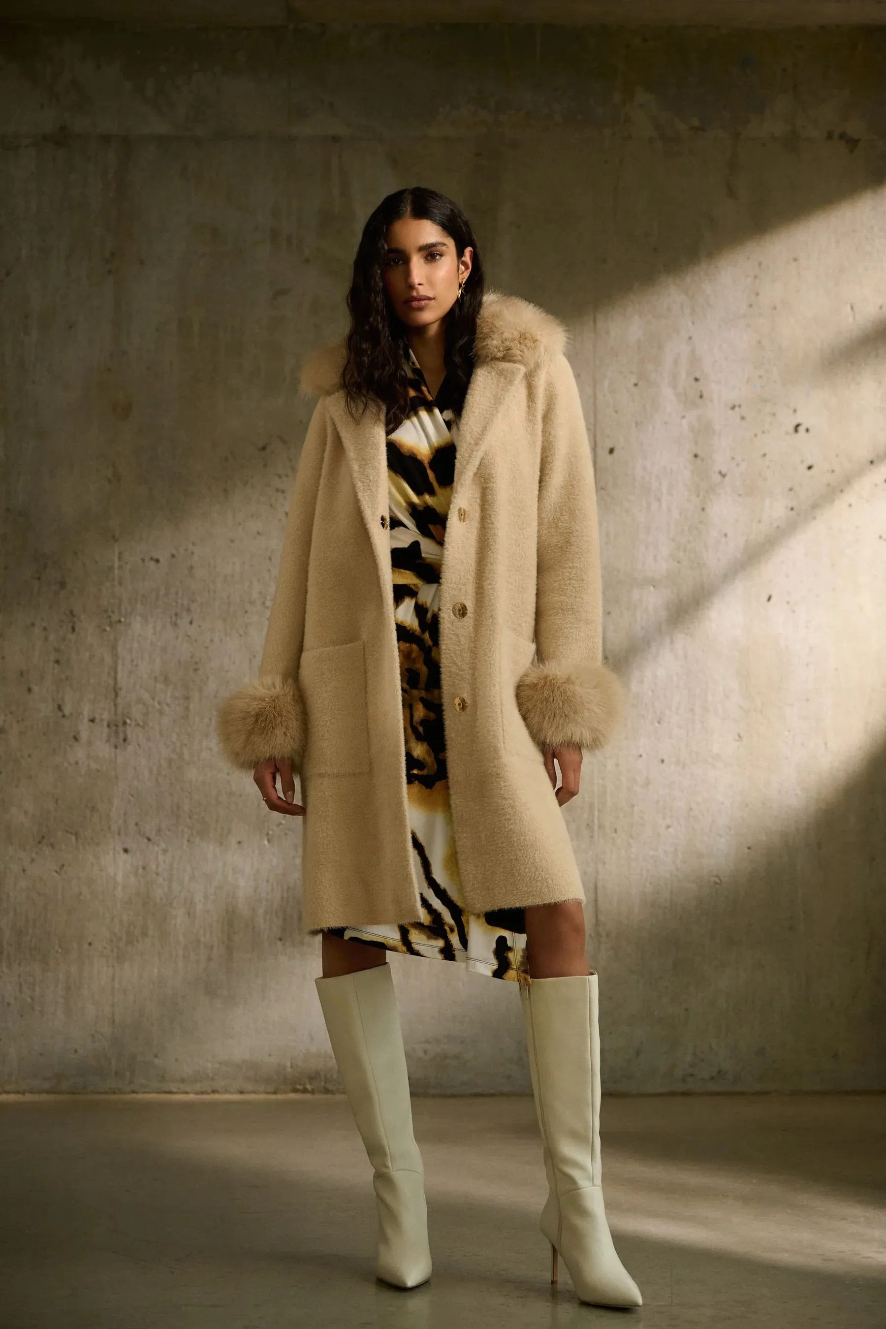 Feather Yarn And Faux Fur Sweater Coat