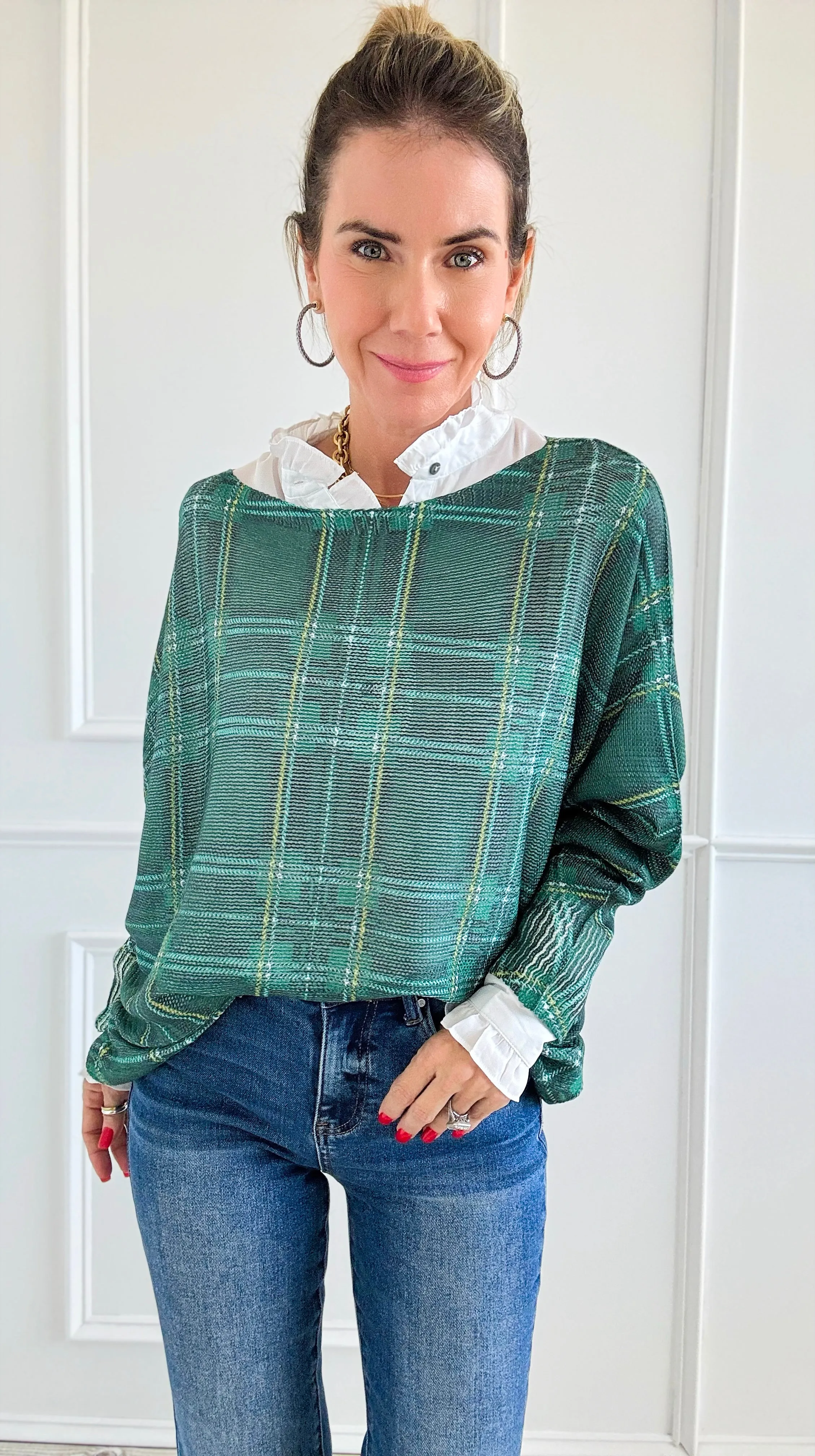 Festive Plaid St Tropez Italian Knit Sweater- Green