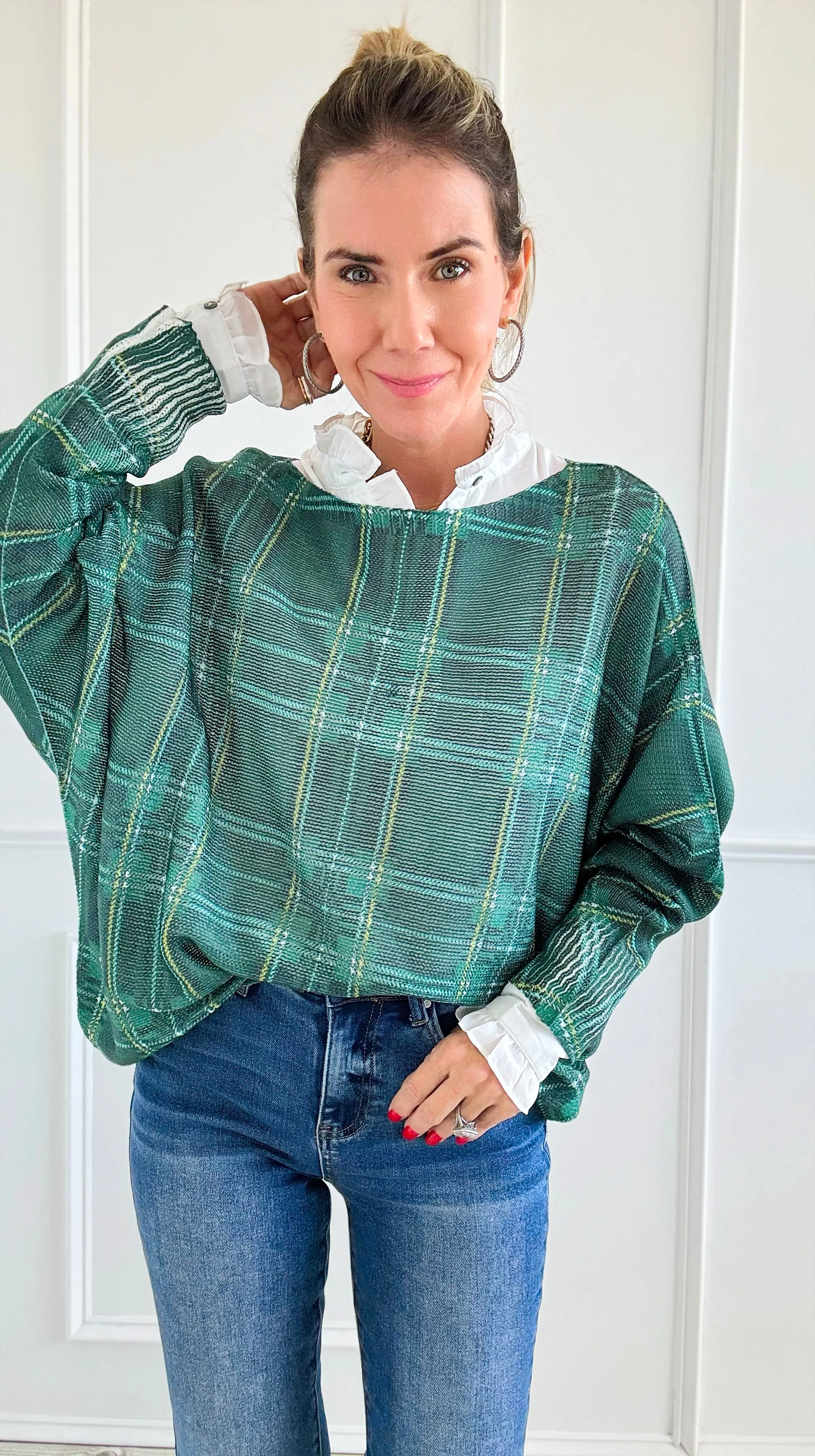 Festive Plaid St Tropez Italian Knit Sweater- Green