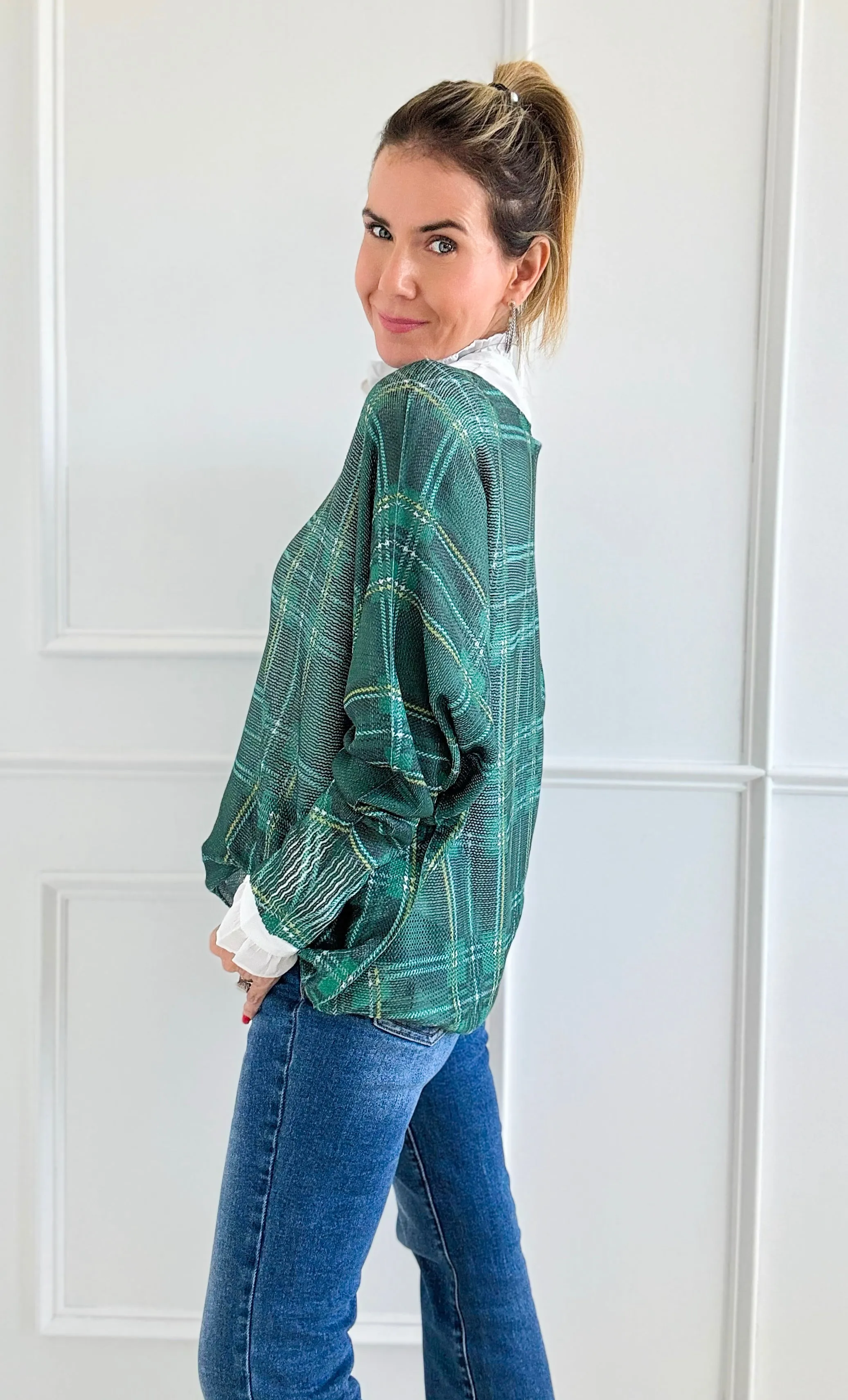 Festive Plaid St Tropez Italian Knit Sweater- Green