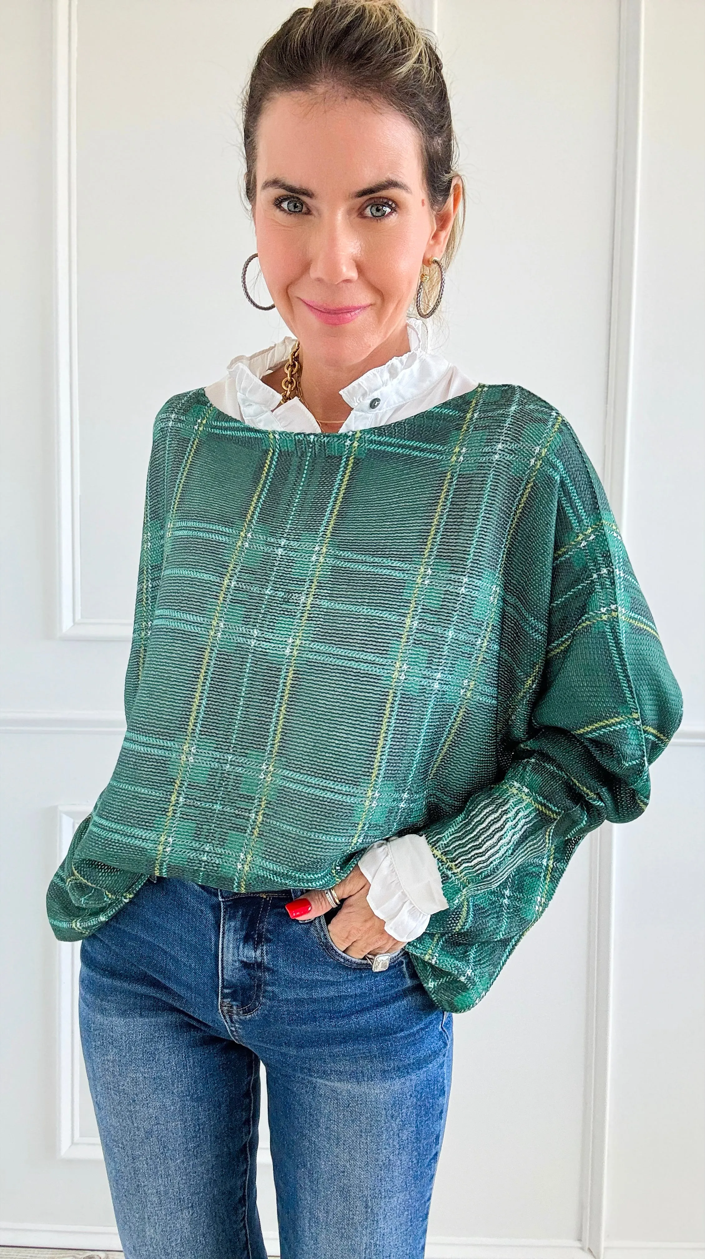 Festive Plaid St Tropez Italian Knit Sweater- Green