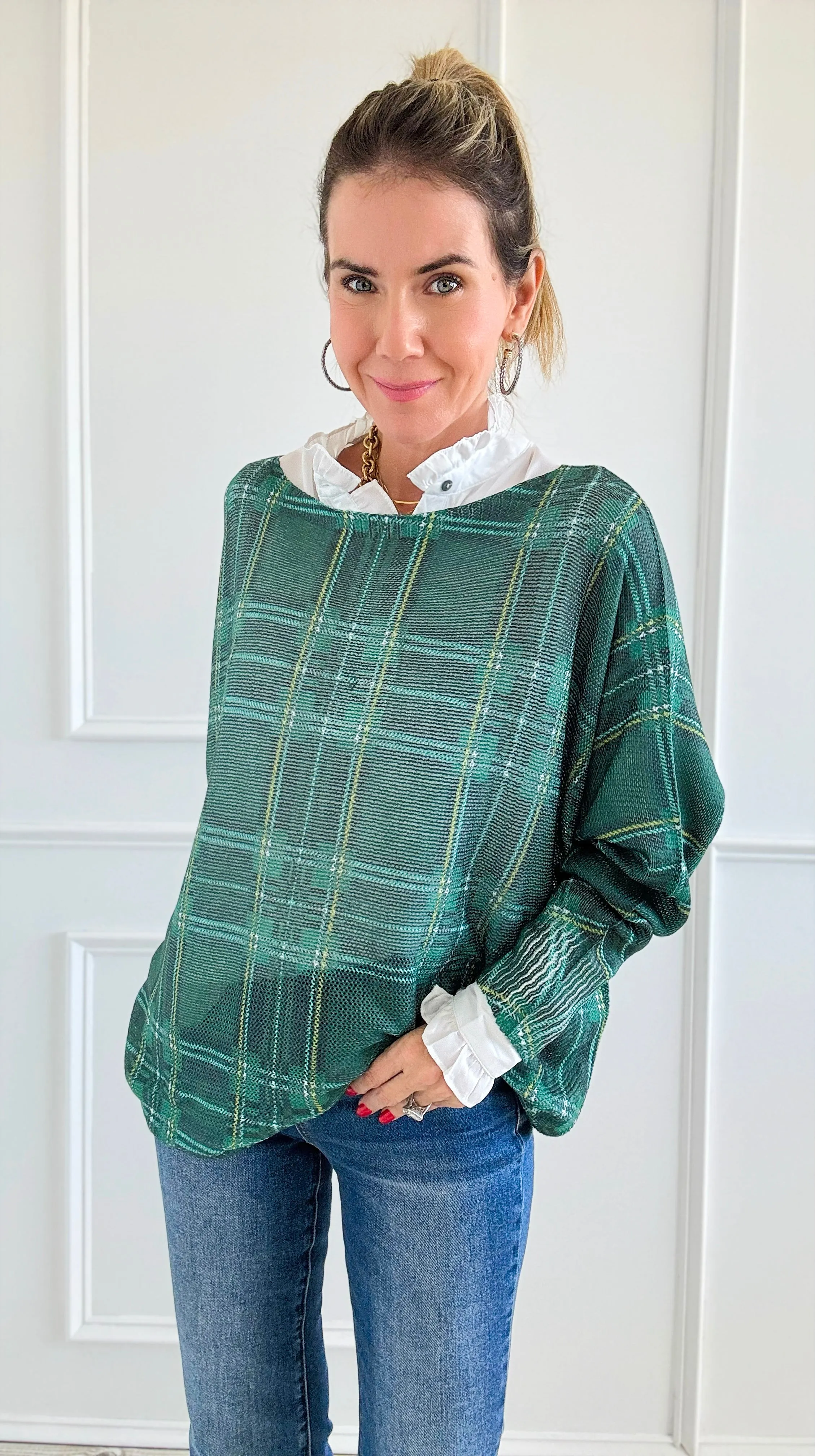 Festive Plaid St Tropez Italian Knit Sweater- Green