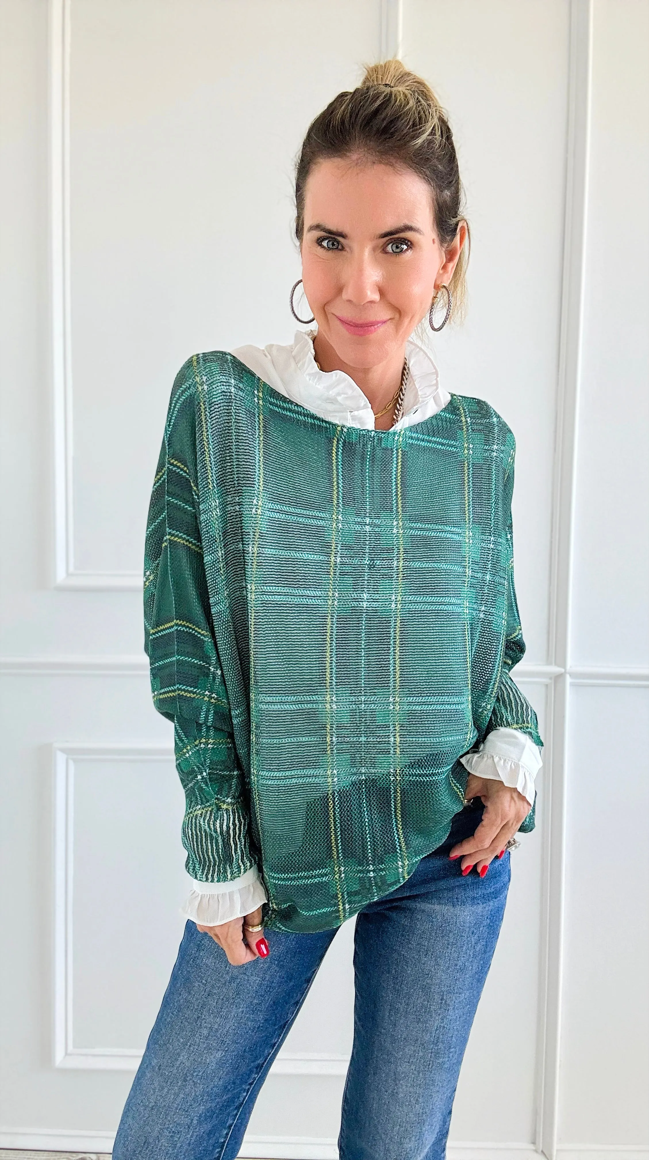 Festive Plaid St Tropez Italian Knit Sweater- Green