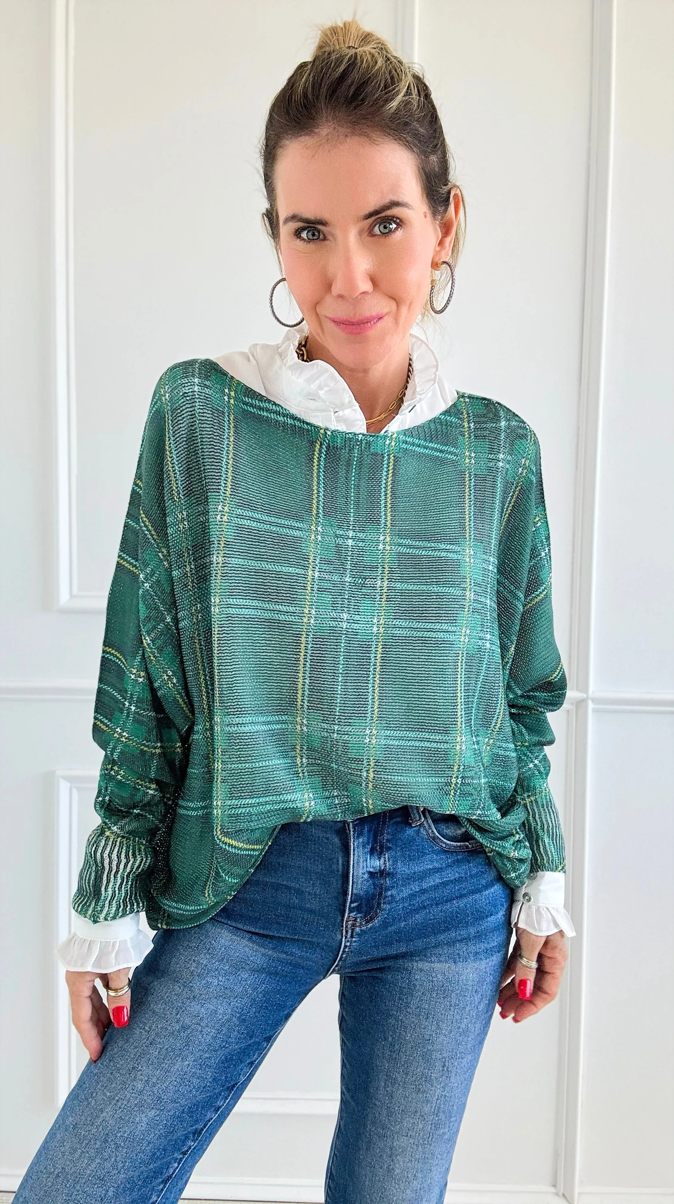 Festive Plaid St Tropez Italian Knit Sweater- Green