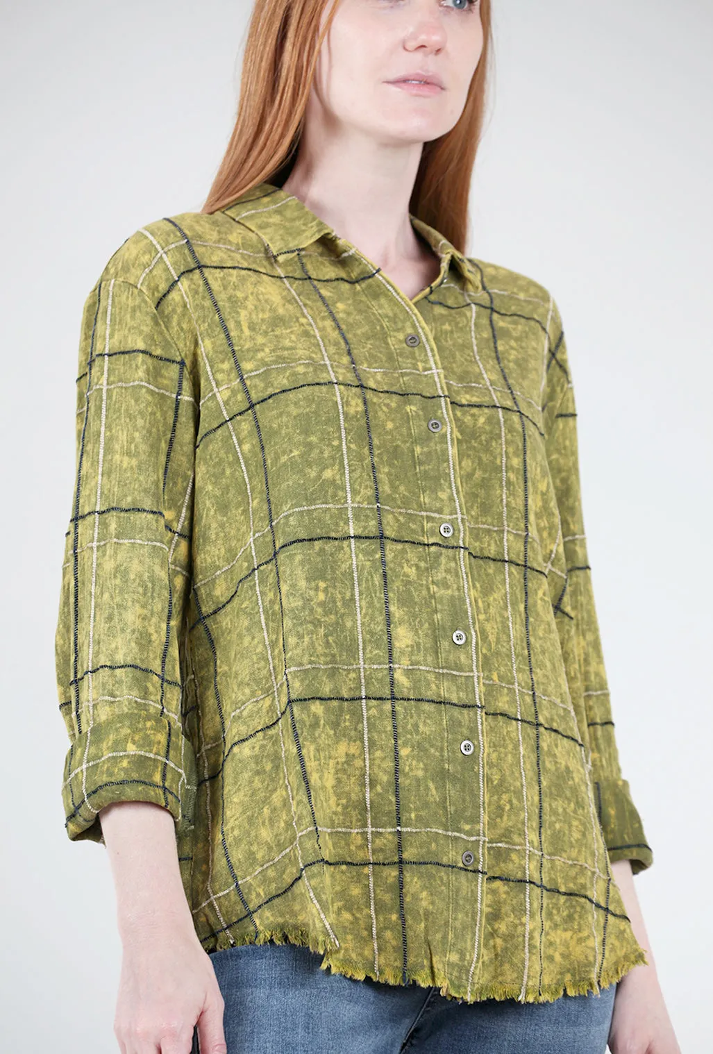 Fringe-Bottom Plaid Shirt, Cactus