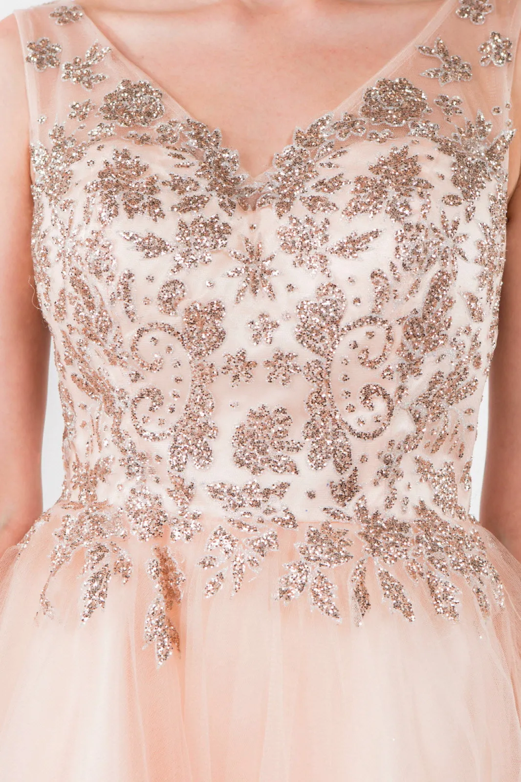 Glitter Embellished Bodice V-Neck Tulle Short Dress
