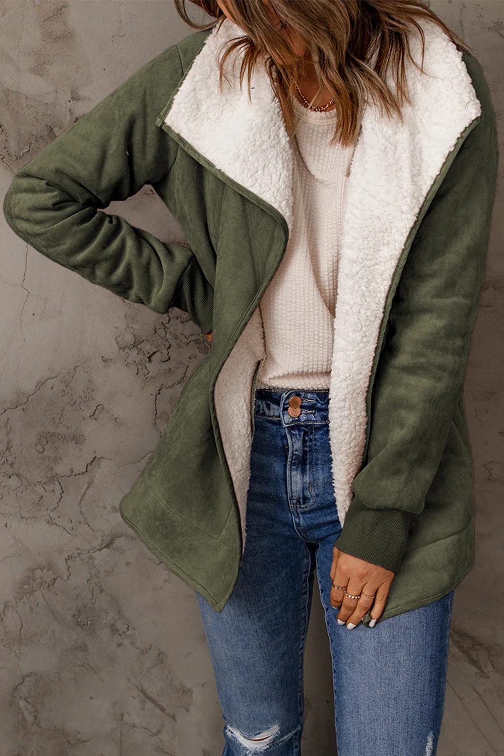 Green Faux Suede Sherpa Lined Open Front Jacket