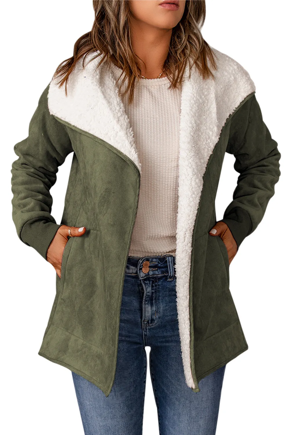 Green Faux Suede Sherpa Lined Open Front Jacket